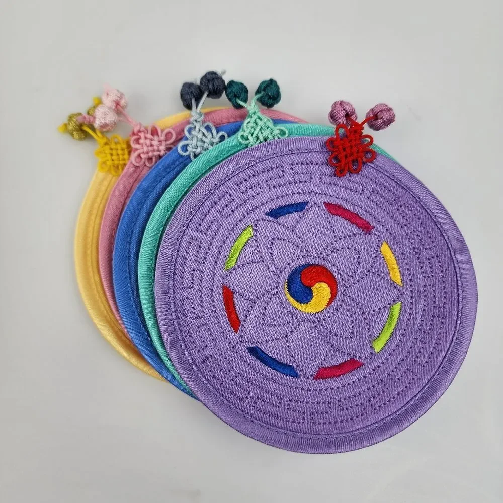 Set Of 5 Quilted Embroidered Fabric Coasters Colorful Decorative Korean Asian